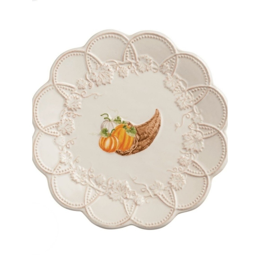 Mud Pie White Ceramic Scalloped Plate with Pumpkin Cornucopia Design